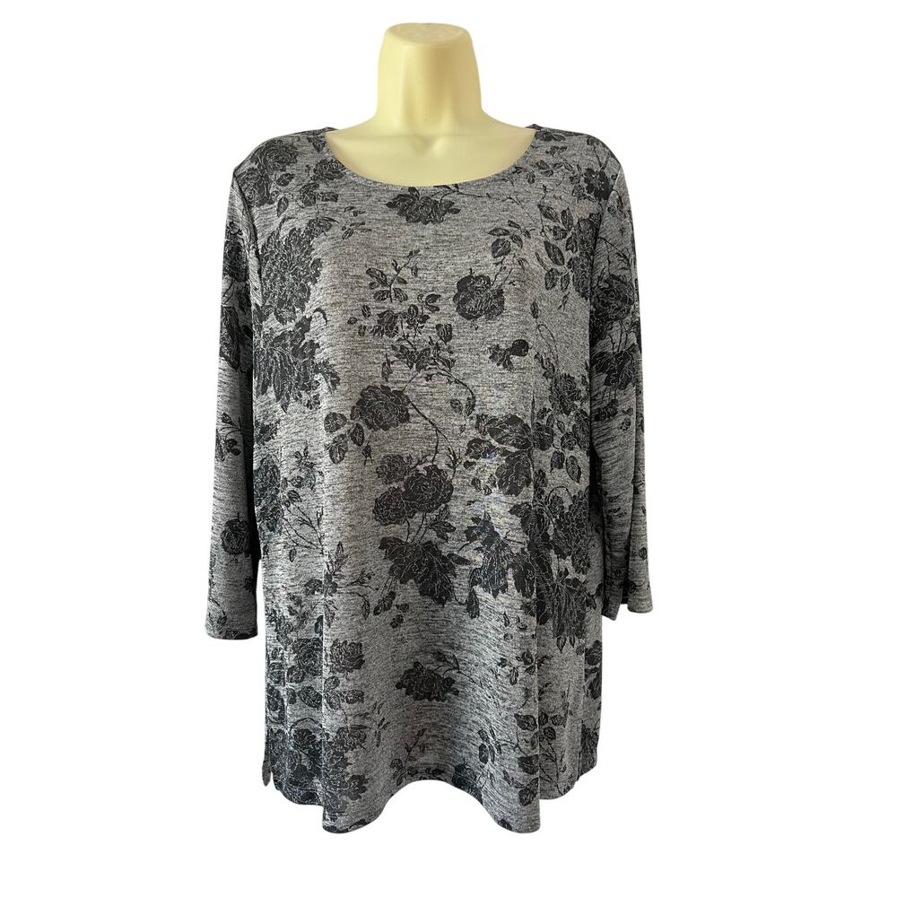 Chico’s 2 Easywear Silver Floral Print Knit Tunic Top Blouse Woman Size 12 Party